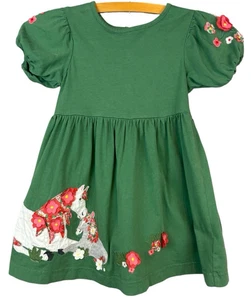 Mini Boden Appliqué Floral Horse Dress Girls 3-4 Gathered Cap Sleeve Mare & Foal - Picture 1 of 6