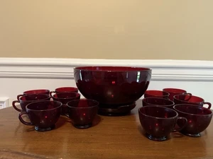 Vintage Anchor Hocking 14 Piece Royal Red Punch Bowl With Base 12 Cups + Box - Picture 1 of 14
