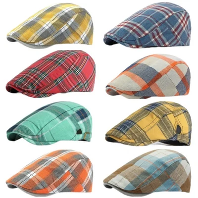 Casquette Béret Homme à Carreaux Tissu Britannique Anglais Plat Vintage Rétro - Photo 1/4