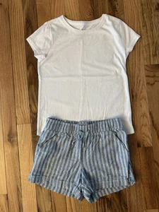 Girls Old Navy Blue And White Lined Tie Shorts White Wonder Nation Tee Size 8 - Picture 1 of 4