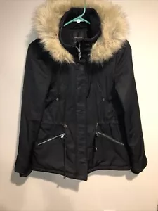ZARA Trafaluc Outerwear Black Jacket Lined Faux Fur Hood Cinch Waist Sz XS EUC - Picture 1 of 7