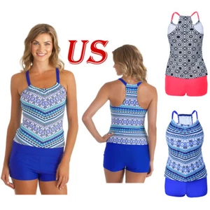 Women Two Piece Athletic Swimsuit Cutout Tank Tops with Boyshorts Bathing Suit - Picture 1 of 22
