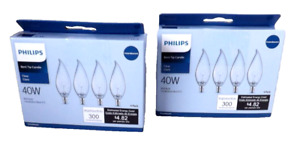 Philips 40W Clear Candelabra Base Bent Tip Candle Light Bulbs X 2 Pks of 4 BA9