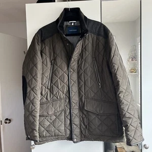 COLE HAAN Herringbone Yoke Quilted Jacket In Black Elbow Patch XL/TG Brown/Black - Picture 1 of 16