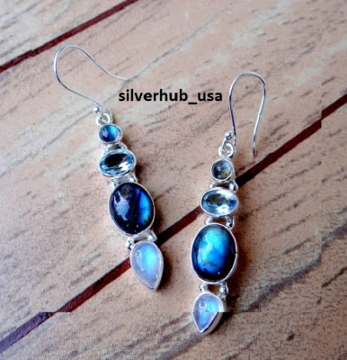 Labradorit, Mondstein Topas 925 Sterling Silber Ohrring Geschenke Schmuck SA-... - Bild 1 von 4