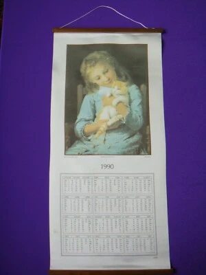 VTG SWISS FISBA WALL HUNG CALENDAR 1990 REPRODUCTION  A. ANKER GIRL WITH A CAT - Image 1 of 4