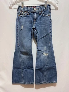 True Religion Joey Big T Medium Wash Distressed Flare Bottom Jeans Girls Size 6 - Picture 1 of 14