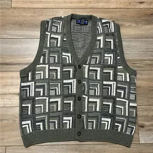 Men's VTG Jantzen Knit Sweater Vest Cardigan SZ LARGE Green Geometric Grandpa - Picture 1 of 8