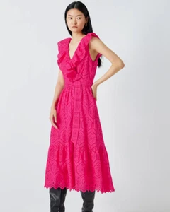 John Lewis Midi Dress Broderie Cotton Fuchsia Pink Frill V Neck UK 18 - BNWT - Picture 1 of 16