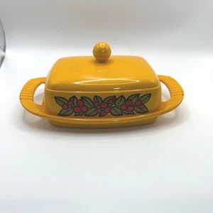 Vintage Emsa W Germany Plastic Butter Dish with Lid and Tray Yellow Floral Berry - Picture 1 of 7