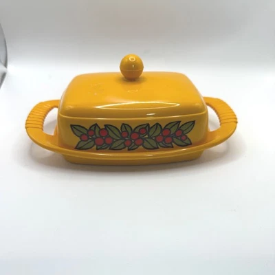Vintage Emsa W Germany Plastic Butter Dish with Lid and Tray Yellow Floral Berry - Image 1 of 4