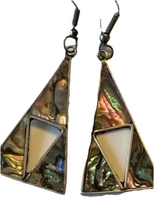 Abalone Navaho Earrings Dangle Pierced Stamped Alpaca Mexico Vintage - Picture 1 of 4