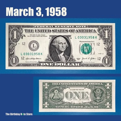 March 3, 1958 Birthday Anniversary $1 One Dollar Bill Serial Number 03031958 - Image 1 of 2