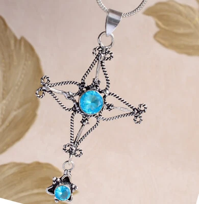 Colgante de plata de ley 925 con piedras preciosas de topacio azul suizo cruz delicada joyería de estilo Foto 1 de 4