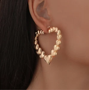 Gold Big Heart Hoop Bamboo Earrings, Cute Love, Great Gift - Picture 1 of 4