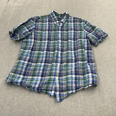 Chaps Shirt Mens XL Linen Blue Short Sleeve Button Front Plaid Colorful - Image 1 of 4