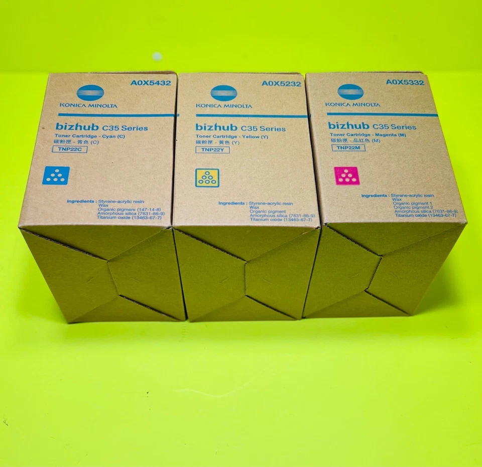 Genuine Konica Minolta TNP-22 Rainbow Color Toner Set CMY for Bizhub C35 C35P - Image 1 of 1