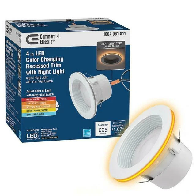 Commercial Electric 4 inch Color Selectable CCT Integrated LED Recessed Light Trim with Night Light Feature 625 Lumens Dimmable 53805101