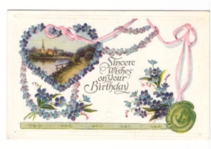 Deseos sinceros en tu cumpleaños, no me olvides, escena rural, postal de 1926 - Imagen 1 de 2