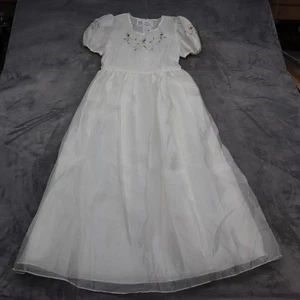 Sweet Kids Dress Girl 12 White Chiffon Balloon Sleeve Floral Embroidered Outfit - Picture 1 of 16