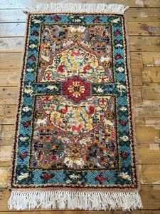 Vintage 70s Wool Mid Pile Floral Rug Blue Brown Mid Century Retro 175x95cm TC - Picture 1 of 8