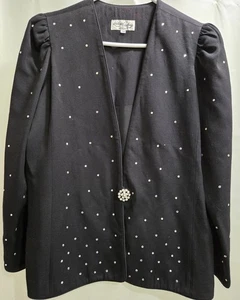 Women's Vintage Katherine Lindsay By Matthew Black Jacket W/ Rhinestones Size 14 - Picture 1 of 11