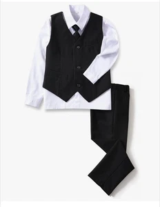 Boy's Formal 4 Piece Suit Set, Black, Size 6 Shirt, Tie, Vest & Pants Suit NWT - Picture 1 of 16