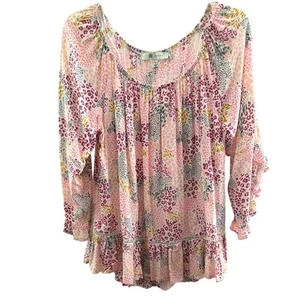 Fever Off Shoulder Tunic Top Size L White Multicolor Print Bell Sleeve Peplum - Picture 1 of 16
