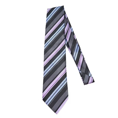 JZ Richards Silk Tie Black Gray Lavender Stripe Hand Made USA 3.62x60 - Image 1 of 4