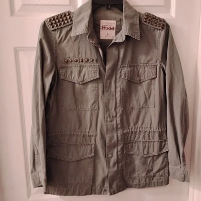 Camisa grande Mudd verde caqui para hombre tachuelas cremallera palanca a presión cintura ajustable Y2K Foto 1 de 4