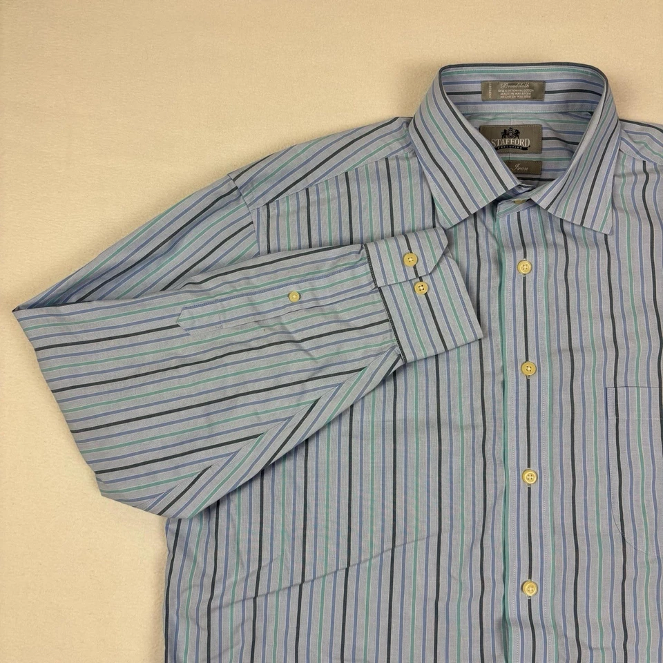 Camisa de vestir Stafford Excutive de tela ancha para hombre talla 16 32/33 azul sin hierro Foto 1 de 4