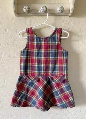 Vestido OshKosh Bgosh Vintage Meninas 4T Xadrez Flanela Algodão Rosa Azul Sem Mangas - Imagem 1 de 4