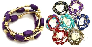 Multi Line Stretch Gold-Tone & Colored Beads Bracelet 4 Piece Set -B909 - Picture 1 of 3