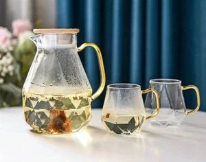 1.5L Heat Resistant Diamond Glass Tea Pot Water Jug Coffee Carafe Set 2 Cup Mug - Picture 1 of 11