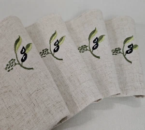 Embroidered Linen Napkins Set of 4 Botanical Floral Motif Natural Ecru 17x17" - Picture 1 of 9