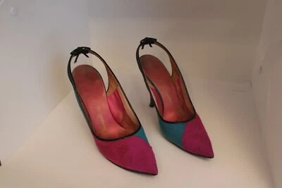 Tacones Neiman Marcus vintage, lazo trasero de seda. 6 1/2 AA. Rosa, azul, verde. Foto 1 de 4