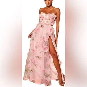 Fashion Nova Mirabella Maxi Dress Small Pink Strapless 3D Floral Tulle Gown NWT - Picture 1 of 9