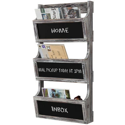 3-Slot Torched Wood Wall Magazine Rack & Mail Sorter with Chalkboard Labels - Image 1 of 4