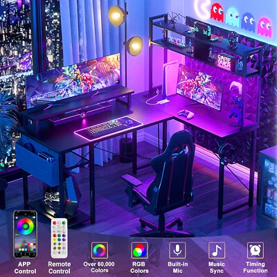 Escritorio para juegos de computadora reversible en forma de L con luces LED y tomas de corriente Foto 1 de 4