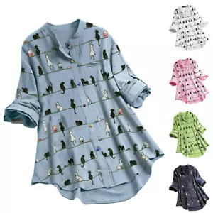 Plus Size Women Cat Print Button Shirt Long Sleeve Loose Casual Tops Tee Blouse - Picture 1 of 17