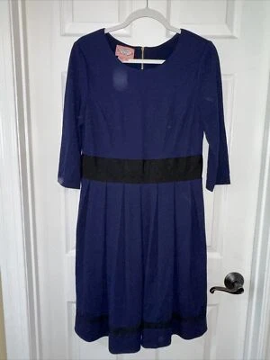 Vestido midi Phoebe Couture talla 10 manga 3/4 azul marino y negro plisado forrado usado en excelente estado Foto 1 de 4