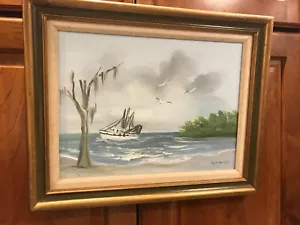 De colección Pintura al Óleo Lienzo Firmado Ruth Van Dyk Barco de Pesca Enmarcado en Agua 20"x16" - Imagen 1 de 5