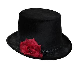 Schwarzer Zylinder Hut rote Rose Gothic Geist Halloween Kostüm Voodoo Tag der Toten - Bild 1 von 10