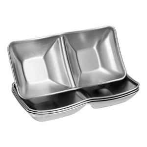 4 Pcs Stainless Steel Sauce Dish 2 Compartment Sushi Soy Dipping Dish, Silver - Picture 1 of 7