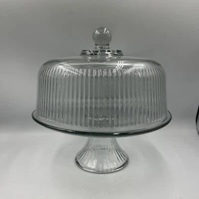 ANCHOR HOCKING Monaco Dome Ribbed 11” Cake Plate & Punch Bowl Set VTG - Image 1 of 4