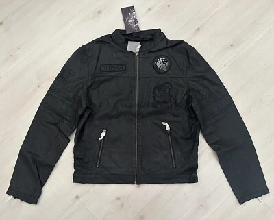 正品罕见复古 Ed Hardy 男式刺绣皮革机车夹克 L — 第 1/4 张图片