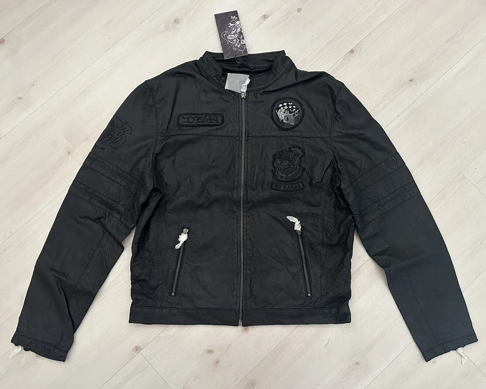 Auténtica RARA Chaqueta de Motociclista de Cuero Bordada Ed Hardy Para Hombres L Foto 1 de 4
