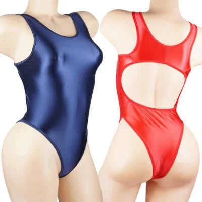Women Satin Gloss Lingerie High Cut Thong Leotard Bikini Shiny Bodysuit Jumpsuit - Image 1 of 4