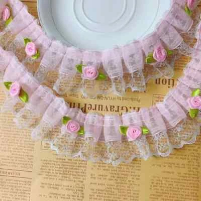2 inch wide white/pink color ruffled trim with roses price per yard - Image 1 of 4