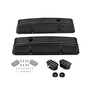 Black Finned Tall Valve Covers & Air PCV Breather For SBC Chevy 327 350 1958-86 - Foto 1 di 10
